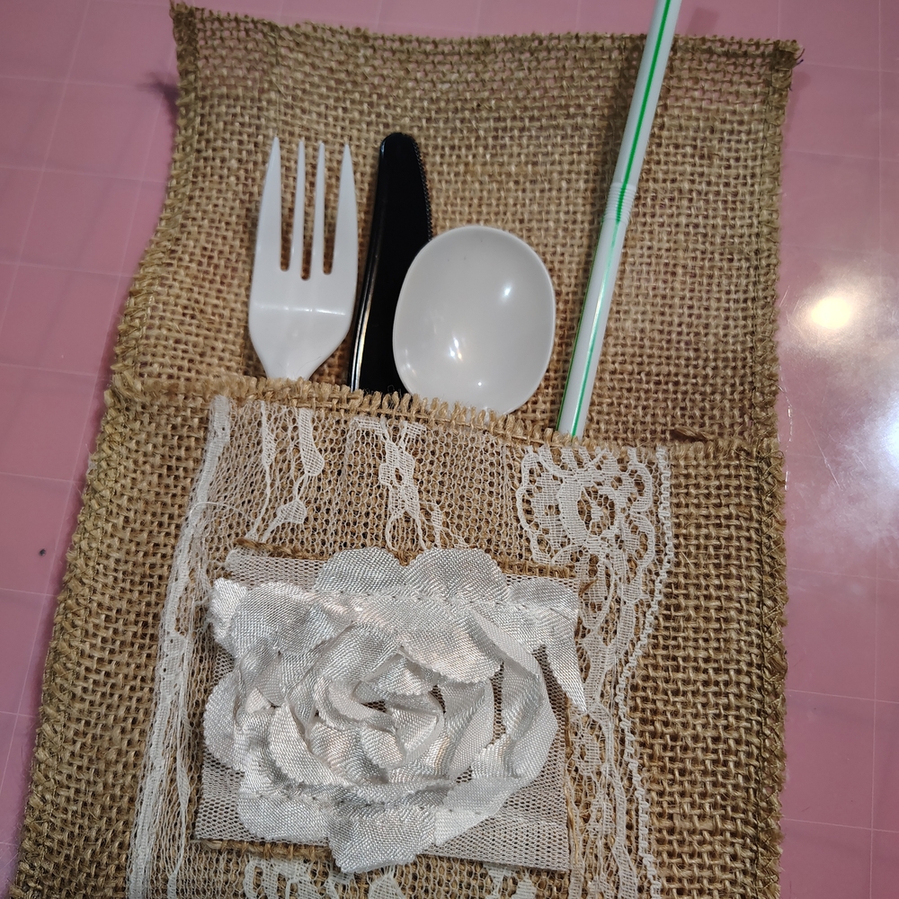 Rustic Burlap Cutlery Holder with White Lace and Rose